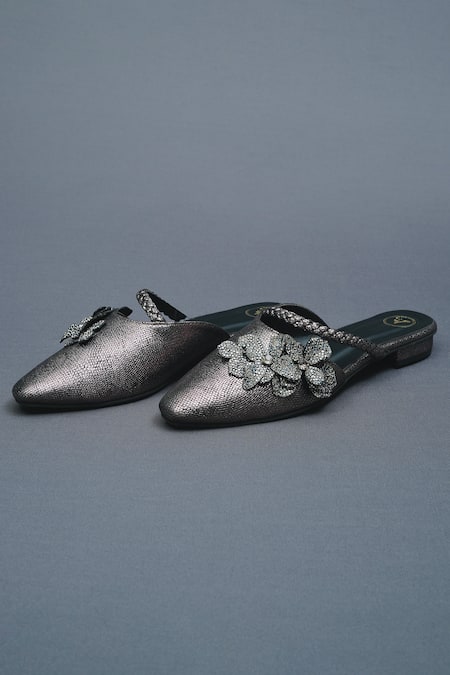 Buy Sana K luxurious Footwear Grey Zilly Metallic Bloom Mules Flats Online at Aza Fashions Buy_Sana K luxurious Footwear_Grey Zilly Metallic Bloom Mules Flats _Online_at_Aza_Fashions