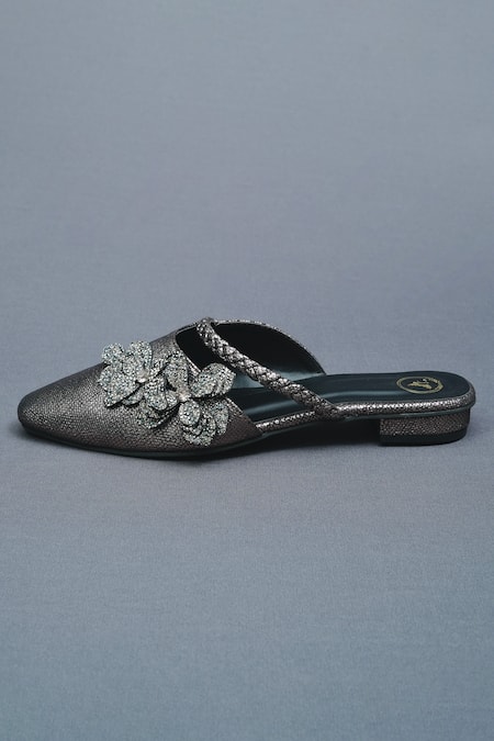 Shop Sana K luxurious Footwear Grey Zilly Metallic Bloom Mules Flats Online at Aza Fashions Shop_Sana K luxurious Footwear_Grey Zilly Metallic Bloom Mules Flats _Online_at_Aza_Fashions