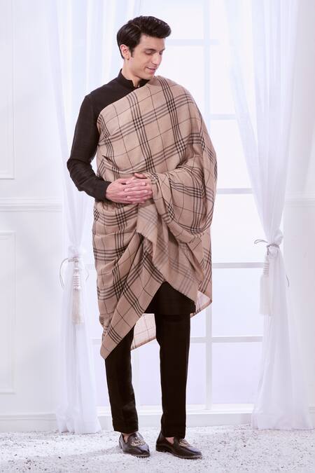 Taroob_Beige Fine Wool Checkered Shawl_Online_at_Aza_Fashions