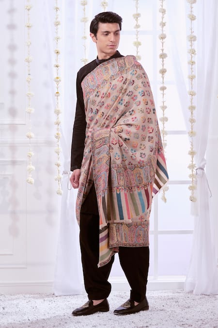 Taroob_Beige Ethnic Floral And Paisley Pattern Shawl_Online_at_Aza_Fashions