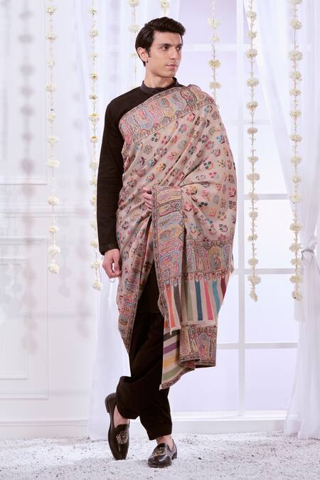 Buy_Taroob_Beige Ethnic Floral And Paisley Pattern Shawl_Online_at_Aza_Fashions