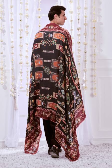 Taroob_Black Kalamkari Embroidery Majestic Raj Darbar Work Shawl_Online_at_Aza_Fashions