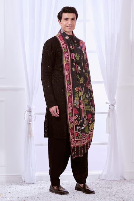 Taroob_Black Kalamkari Print Work Shawl_Online_at_Aza_Fashions