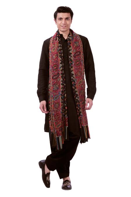 Taroob_Black Floral Authentic Kashmiri Shawl_Online_at_Aza_Fashions