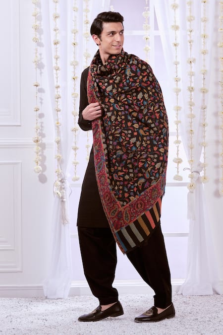 Shop_Taroob_Black Floral Authentic Kashmiri Shawl_Online_at_Aza_Fashions