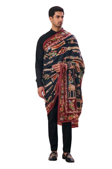 Taroob Black Kalamkari Embroidery Raj Darbar Shawl Online at Aza Fashions Taroob_Black Kalamkari Embroidery Raj Darbar Shawl_Online_at_Aza_Fashions
