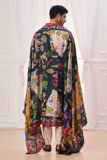 Taroob Black Kalamkari Embroidery Shikardar Shawl Online at Aza Fashions Taroob_Black Kalamkari Embroidery Shikardar Shawl_Online_at_Aza_Fashions