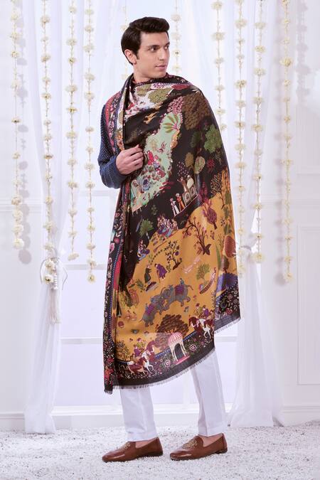 Taroob_Black Kalamkari Print Vintage Shikardar Shawl_Online_at_Aza_Fashions