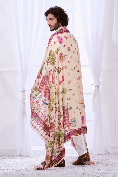 Taroob White Heritage Kalamkaru Embroidered Shawl Online at Aza Fashions Taroob_White Heritage Kalamkaru Embroidered Shawl_Online_at_Aza_Fashions