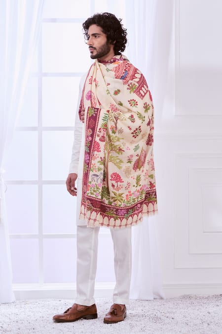 Buy Taroob White Heritage Kalamkaru Embroidered Shawl Online at Aza Fashions Buy_Taroob_White Heritage Kalamkaru Embroidered Shawl_Online_at_Aza_Fashions