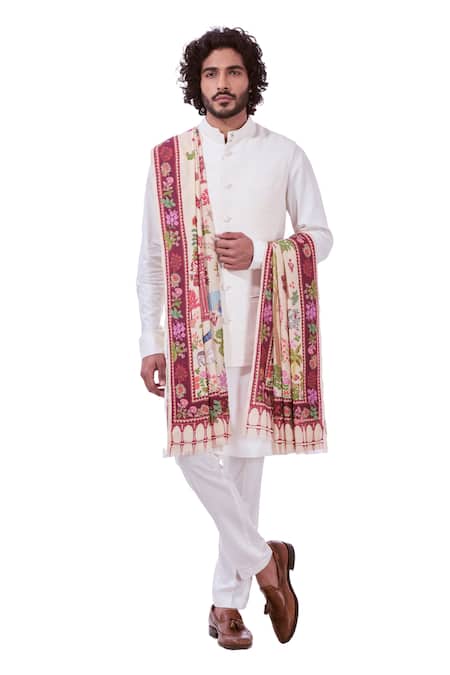 Buy Taroob White Heritage Kalamkaru Embroidered Shawl Buy_Taroob_White Heritage Kalamkaru Embroidered Shawl