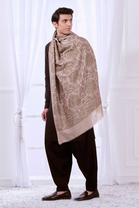 Buy Taroob Beige Zari Fine Wool Work Shawl Online at Aza Fashions Buy_Taroob_Beige Zari Fine Wool Work Shawl_Online_at_Aza_Fashions