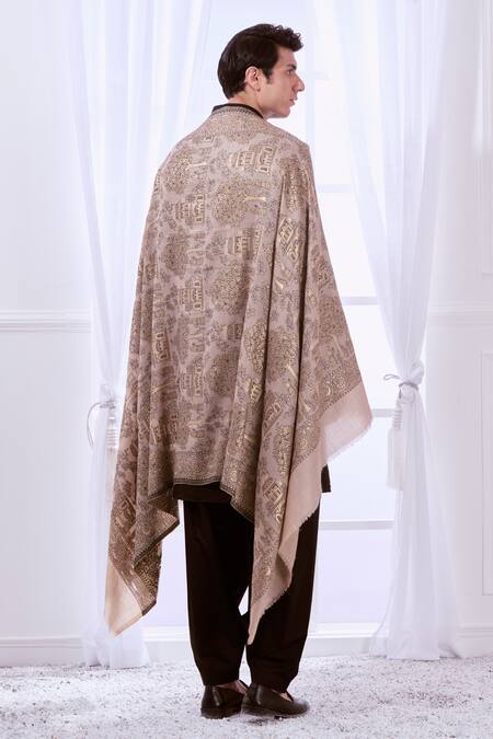 Shop Taroob Beige Zari Fine Wool Work Shawl Online at Aza Fashions Shop_Taroob_Beige Zari Fine Wool Work Shawl_Online_at_Aza_Fashions