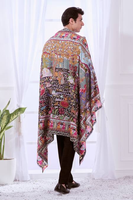 Shop_Taroob_Black Pichwai Kalamkari Embroidery Shawl_at_Aza_Fashions