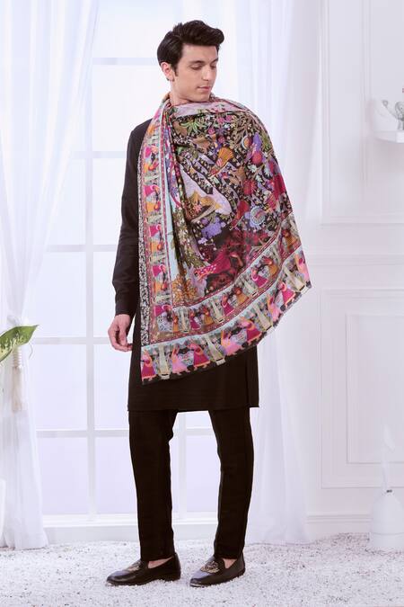 Taroob_Black Pichwai Kalamkari Embroidery Shawl_Online_at_Aza_Fashions