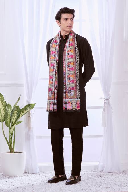 Buy_Taroob_Black Pichwai Kalamkari Embroidery Shawl_Online_at_Aza_Fashions