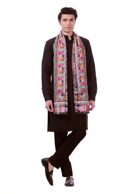 Shop_Taroob_Black Pichwai Kalamkari Embroidery Shawl_Online_at_Aza_Fashions