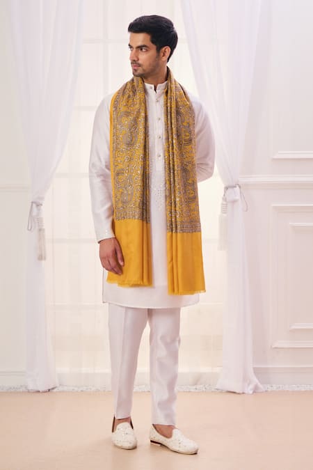 Shop_Taroob_Gold Paisley Embroidery Sozni Stole _at_Aza_Fashions