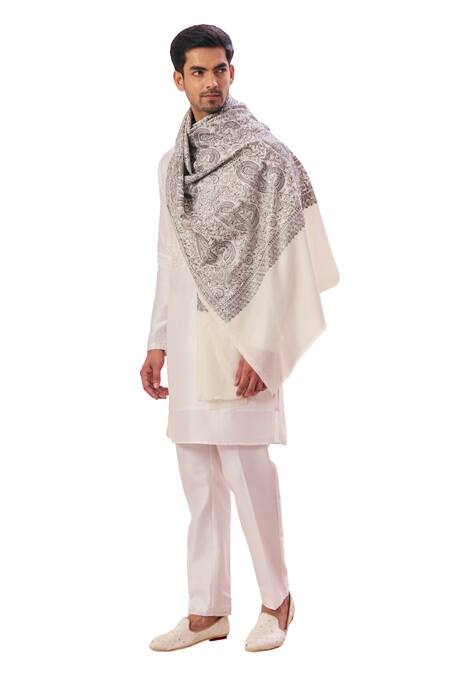 Taroob_White Sozni Embroidered Stole_Online_at_Aza_Fashions
