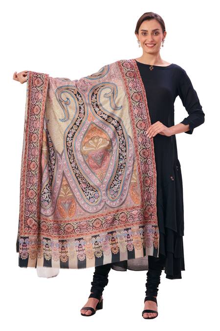 Buy_Taroob_Beige Kalamkari Embroidery Paisley Shawl_Online_at_Aza_Fashions
