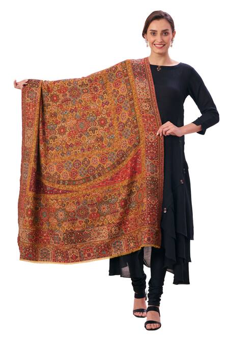 Shop_Taroob_Yellow Ethnic Fine Wool Shawl_Online_at_Aza_Fashions