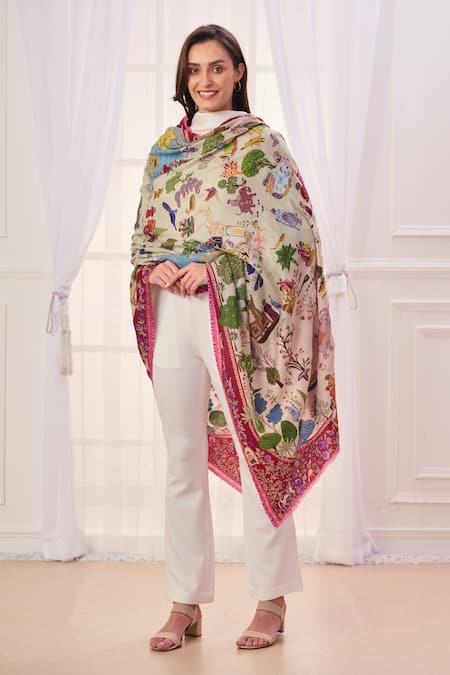 Taroob Beige Kalamkari Embroidery Shikardar Shawl 