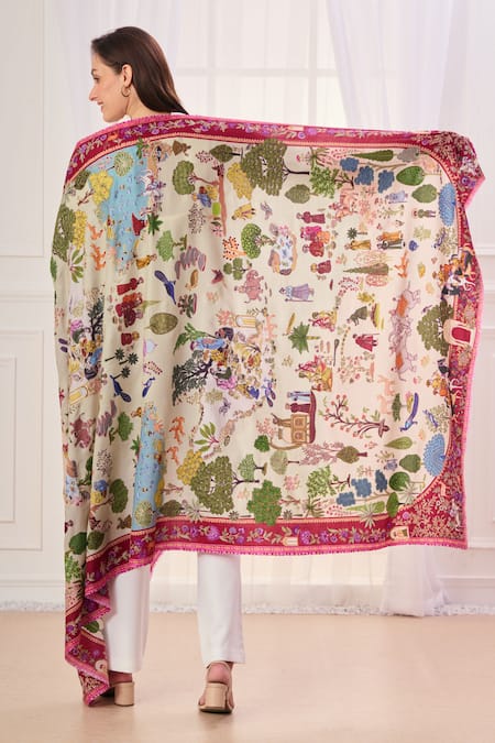 Shop Taroob Beige Shikardar Kalamkari Shawl at Aza Fashions Shop_Taroob_Beige Shikardar Kalamkari Shawl_at_Aza_Fashions