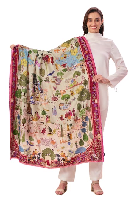 Shop Taroob Beige Shikardar Kalamkari Shawl Online at Aza Fashions Shop_Taroob_Beige Shikardar Kalamkari Shawl_Online_at_Aza_Fashions