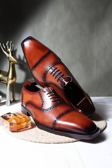 Fellmonger_Brown Patina Brogue Pattern Cutwork Captoe Oxfords _Online_at_Aza_Fashions