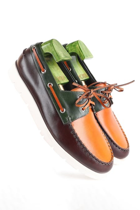 Shop_Fellmonger_Brown Triple Tone Mirror Glossed Boat Derby Shoes _at_Aza_Fashions