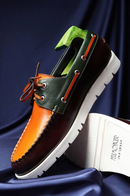 Fellmonger_Brown Triple Tone Mirror Glossed Boat Derby Shoes _Online_at_Aza_Fashions