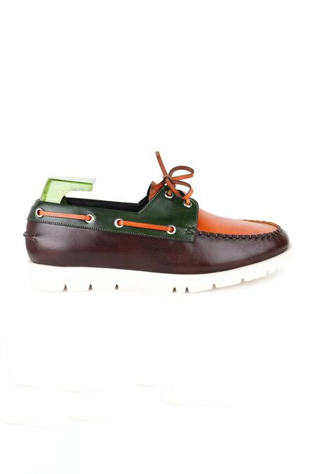 Shop_Fellmonger_Brown Triple Tone Mirror Glossed Boat Derby Shoes _Online_at_Aza_Fashions