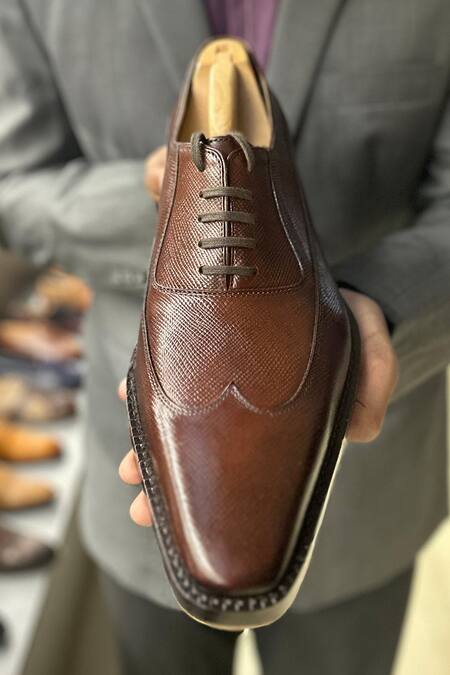 Shop Fellmonger Brown Goodyear Welted Wingtip Square Oxfords at Aza Fashions Shop_Fellmonger_Brown Goodyear Welted Wingtip Square Oxfords _at_Aza_Fashions