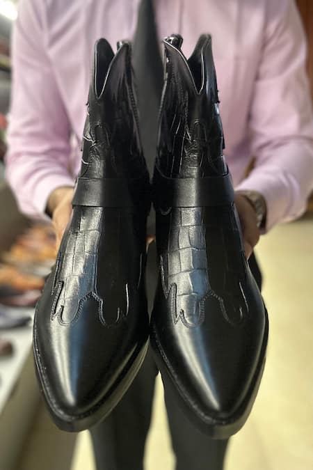 Fellmonger Black Crocodile Pattern Harness Cowboy Boots 