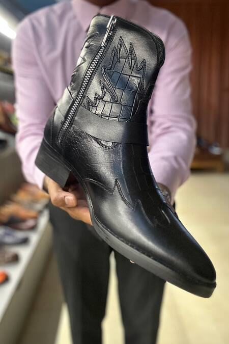 Shop Fellmonger Black Crocodile Pattern Harness Cowboy Boots Online at Aza Fashions Shop_Fellmonger_Black Crocodile Pattern Harness Cowboy Boots _Online_at_Aza_Fashions