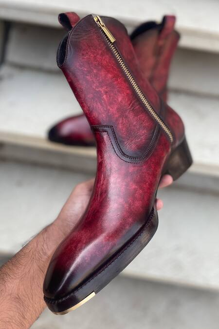 Shop Fellmonger Red Solid Long Cowboy Boots Online at Aza Fashions Shop_Fellmonger_Red Solid Long Cowboy Boots _Online_at_Aza_Fashions
