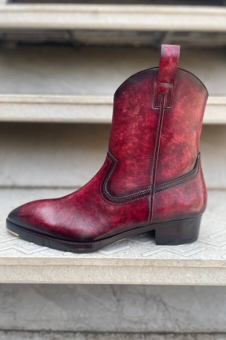 Fellmonger Red Solid Long Cowboy Boots at Aza Fashions Fellmonger_Red Solid Long Cowboy Boots _at_Aza_Fashions