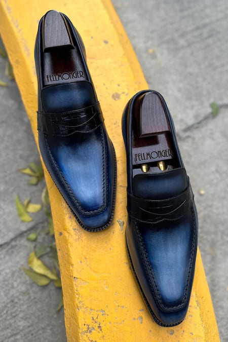 Fellmonger Blue Solid Penny Croco Saddle Loafers 
