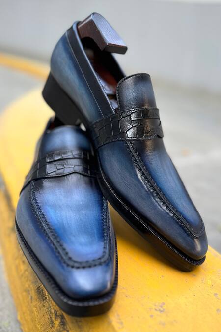Buy_Fellmonger_Blue Solid Penny Croco Saddle Loafers 