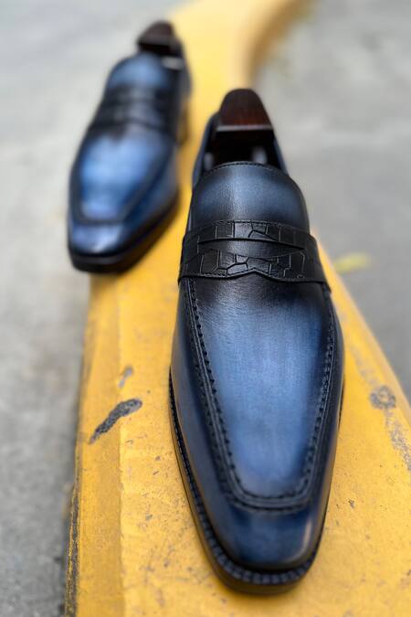 Shop_Fellmonger_Blue Solid Penny Croco Saddle Loafers 