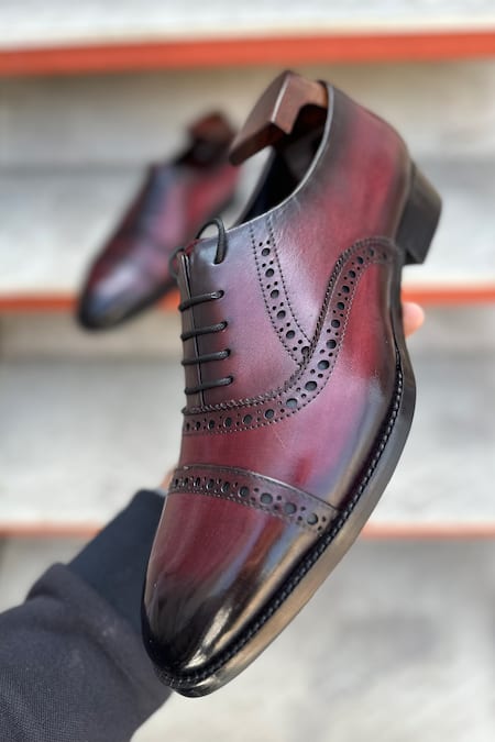 Fellmonger Red Plain Lace-up Punched Oxford Shoes Online at Aza Fashions Fellmonger_Red Plain Lace-up Punched Oxford Shoes _Online_at_Aza_Fashions