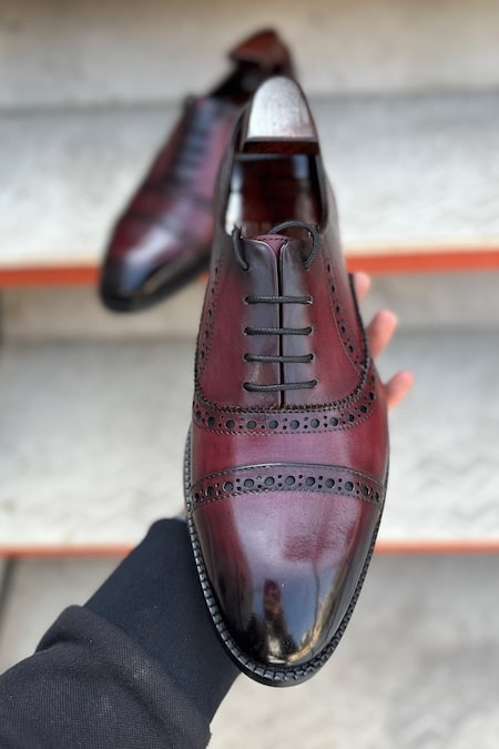 Shop Fellmonger Red Plain Lace-up Punched Oxford Shoes Online at Aza Fashions Shop_Fellmonger_Red Plain Lace-up Punched Oxford Shoes _Online_at_Aza_Fashions