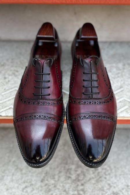 Fellmonger Red Plain Lace-up Punched Oxford Shoes at Aza Fashions Fellmonger_Red Plain Lace-up Punched Oxford Shoes _at_Aza_Fashions