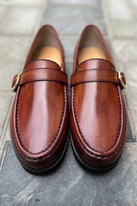 Shop Fellmonger Brown Hand Painted Moccasins at Aza Fashions Shop_Fellmonger_Brown Hand Painted Moccasins _at_Aza_Fashions