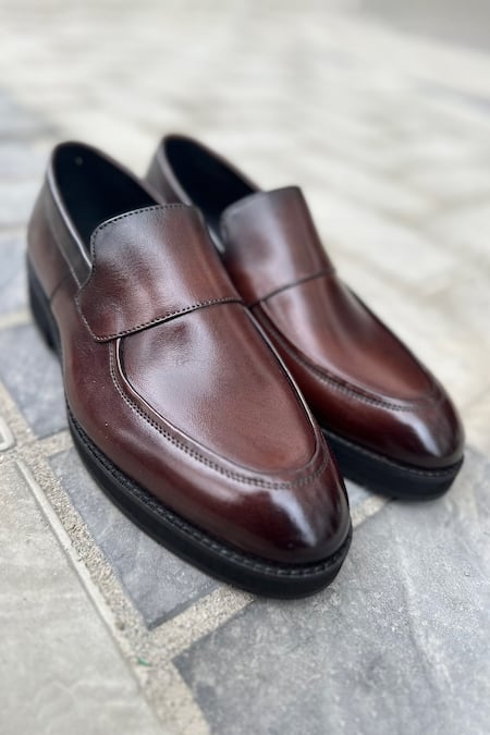 Shop Fellmonger Brown Plain Moccasins at Aza Fashions Shop_Fellmonger_Brown Plain Moccasins _at_Aza_Fashions