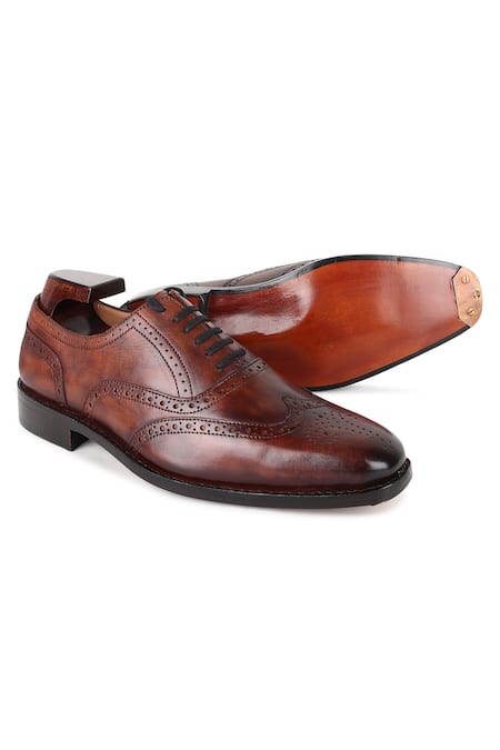 Shop Fellmonger Brown Brogue Cognac Glossed Oxford Shoes at Aza Fashions Shop_Fellmonger_Brown Brogue Cognac Glossed Oxford Shoes _at_Aza_Fashions