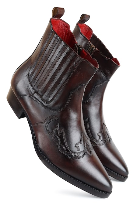 Shop Fellmonger Brown Thread Zip Cowboy Boots at Aza Fashions Shop_Fellmonger_Brown Thread Zip Cowboy Boots _at_Aza_Fashions