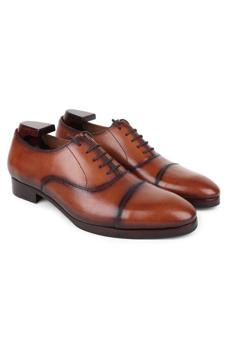 Shop_Fellmonger_Brown Stitchline Thread Mirror Glossed Patina Captoe Oxfords _Online_at_Aza_Fashions