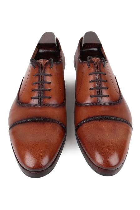 Fellmonger_Brown Stitchline Thread Mirror Glossed Patina Captoe Oxfords _at_Aza_Fashions