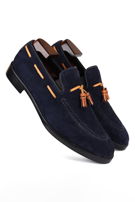 Shop Fellmonger Blue Tassel Embellished Loafers at Aza Fashions Shop_Fellmonger_Blue Tassel Embellished Loafers _at_Aza_Fashions